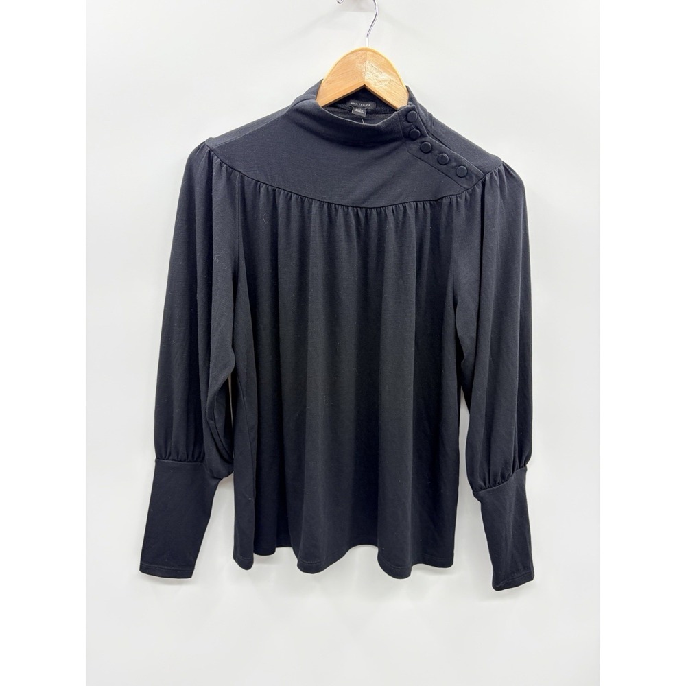 Ann Taylor Womens Size XS Long Sleeve Mock Neck Button Shoulder Blouse Black 515